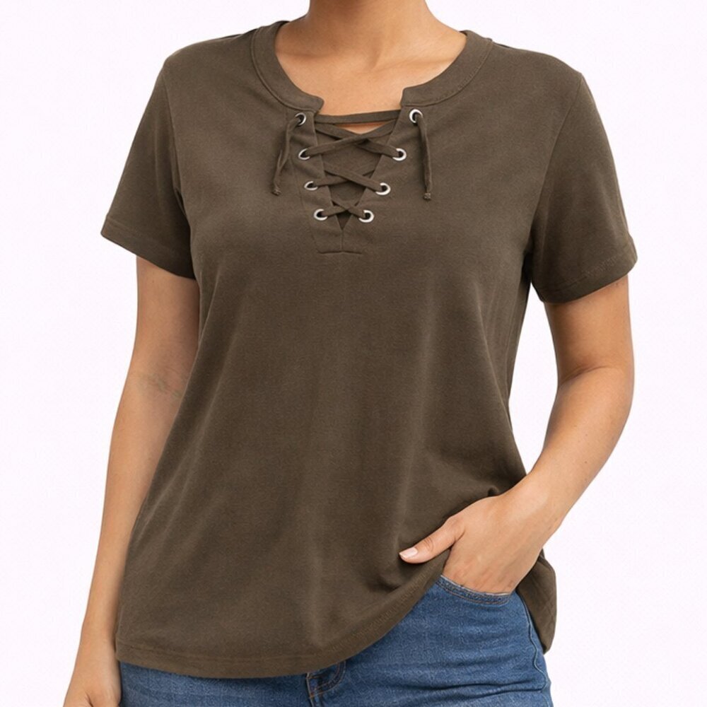 Calvin Klein Olive Lace-Up Tee | Size M | Soft Stretch Casual Essential